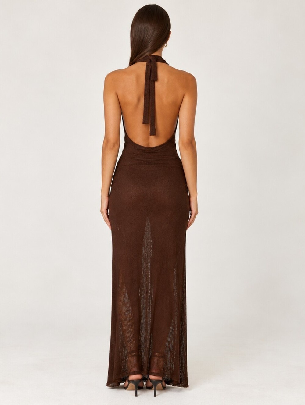 Peppermayo Chocolate Brown Sheer Knit Halter Maxi Dress Shell Detail Small NWT - Picture 3 of 4
